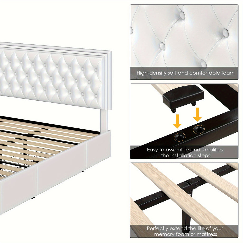 Full/Queen/King Size Modern Bed Frame with LED Headboard & 4 Storage Drawers - Upholstered Platform Bed, Button Tufted Headboard Suitable for Beige/White/Black - Assembly, No Box Spring Needed, Wood-Free