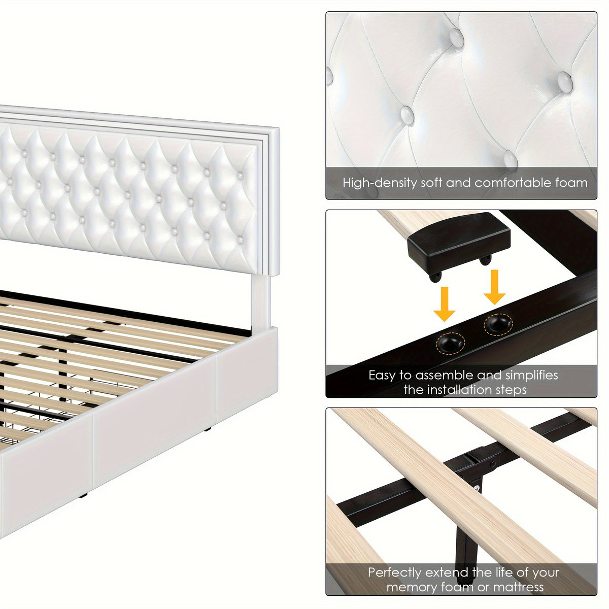 Full/Queen/King Size Modern Bed Frame with LED Headboard & 4 Storage Drawers - Upholstered Platform Bed, Button Tufted Headboard Suitable for Beige/White/Black - Assembly, No Box Spring Needed, Wood-Free