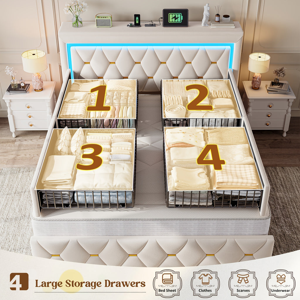 Queen/Full Size Bed Frame With 4 Storage Drawers & Headboard Adjustable, Velvet Platform Bed With LED Lights, Charging Station, Sturdy Wooden Slats Support, No Box Spring Needed, Beige, Grey
