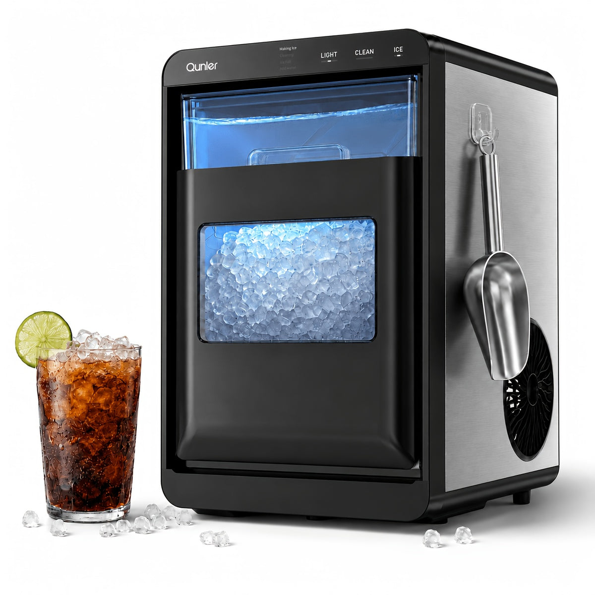 Nugget Ice Maker Countertop, 44 Lbs/Day, Soft Chewable Pebble Ice Machine with Stainless Steel Ice Scoop, for Home, Kitchen, Office, RV & Camping, Stainless Steel, Black