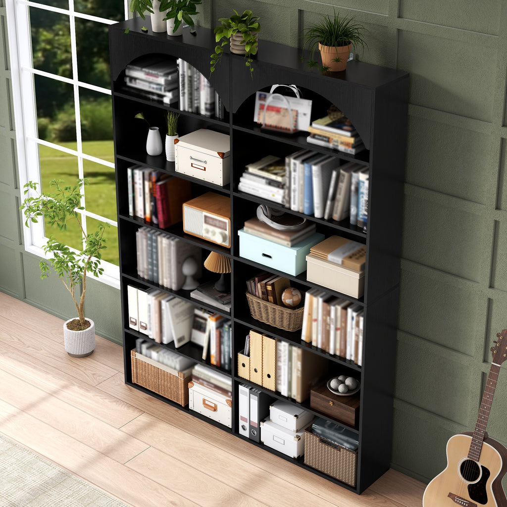 7-Tier Vertical Shelf with Curved Baffle, Tall And Double Wide Bookcase Modern Open Display Shelves Bookshelf for Home Office Living Room, Black, Standing Shelf