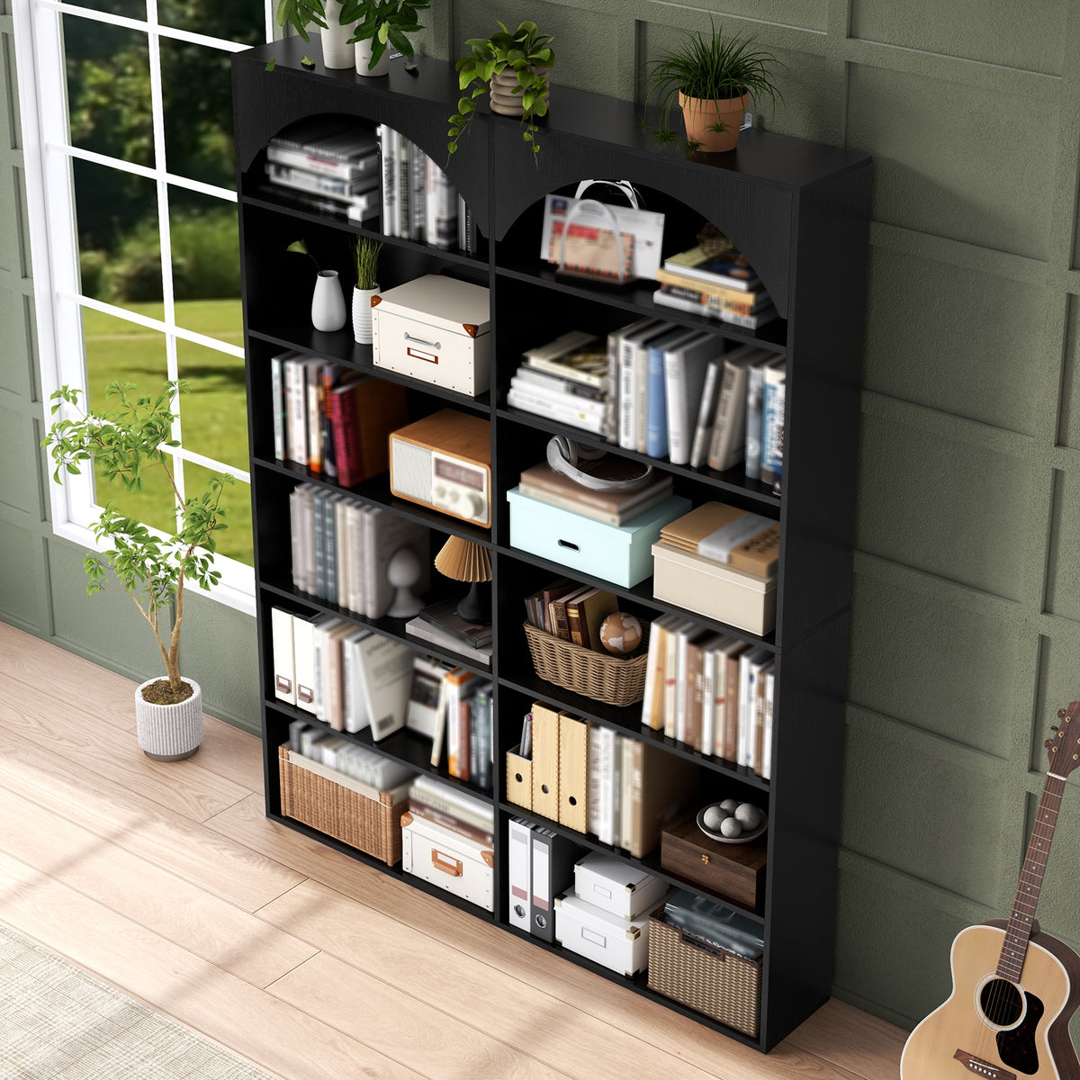 7-Tier Vertical Shelf with Curved Baffle, Tall And Double Wide Bookcase Modern Open Display Shelves Bookshelf for Home Office Living Room, Black, Standing Shelf