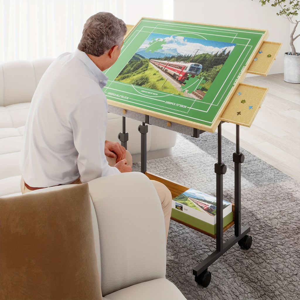 Movable Puzzle Table with Legs, Adjustable 5-Tilting-Angle Board, Height Adjustable Multi-function Table with 6 Drawersr for Puzzle, Chess, Reading Etc., Good Choice for Gift
