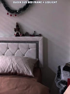 MRAEER Diamond Quilted Velvet Silent Full/Queen Bed Frame | LED Lights, Diamond Quilted Footboard, Adjustable Headboard, No Mattress Required, Easy Assembly, Available in Pink/White/Black, Powered, Contemporary Style, Christmas Gift