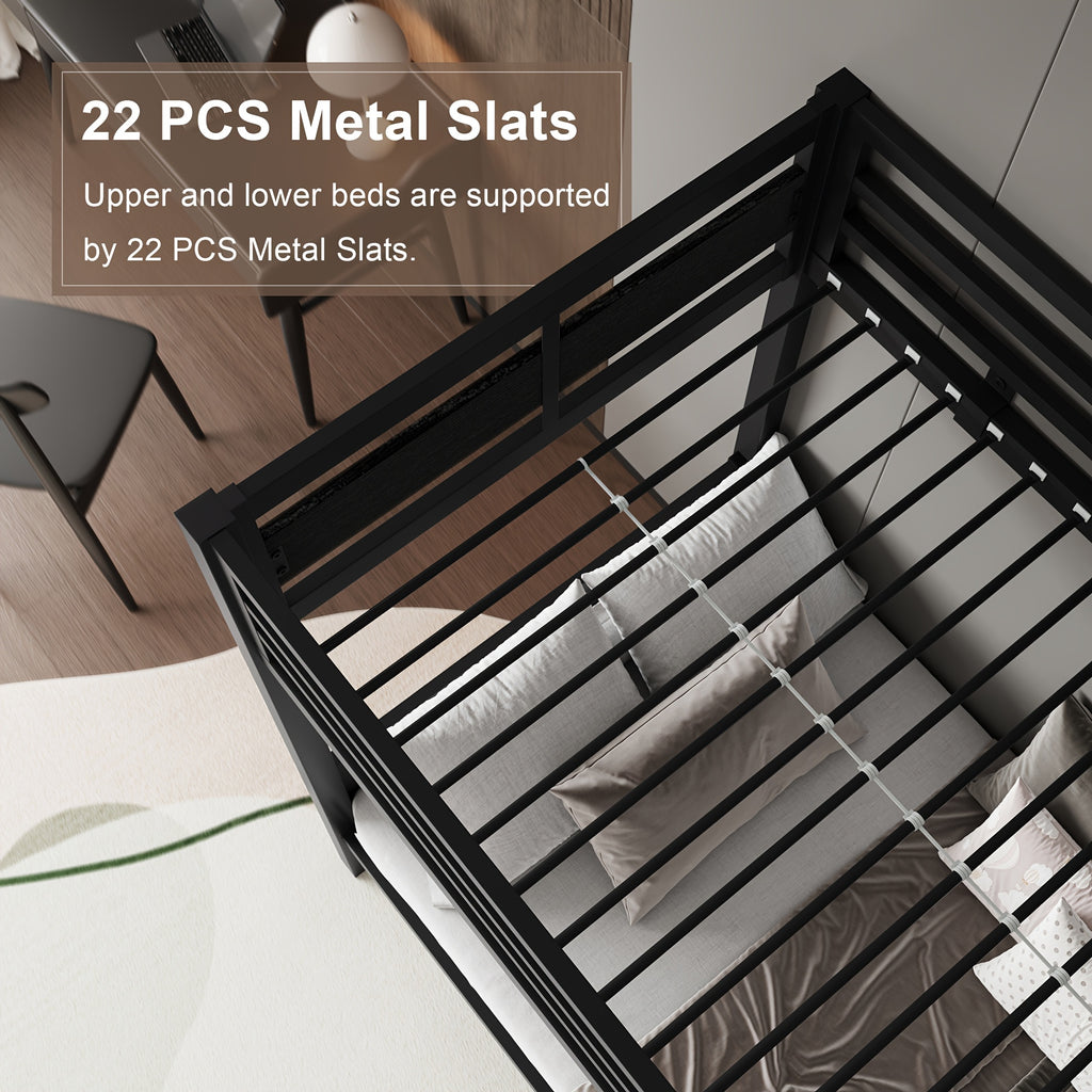 77.5"L Heavy Duty Metal Bed Frame, Twin Over Twin Or Full Over Twin Bunk Bed with Full Length Guardrails And Ladder, Black/Rustic Brown/White Options, Easy Assembly, Suitable for Shared Bedrooms, Bed Frame Without Mattress