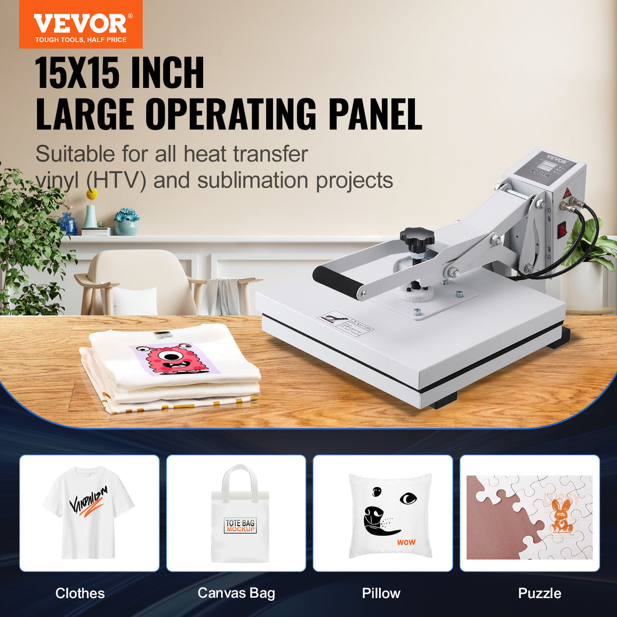 VEVOR Heat Press, Heat Press Machine for T-Shirt, Fast Heating, Power Digital Industrial Sublimation Printer for Heat Transfer Vinyl, High Pressure Heat Press 15x15, Easy to Use, White