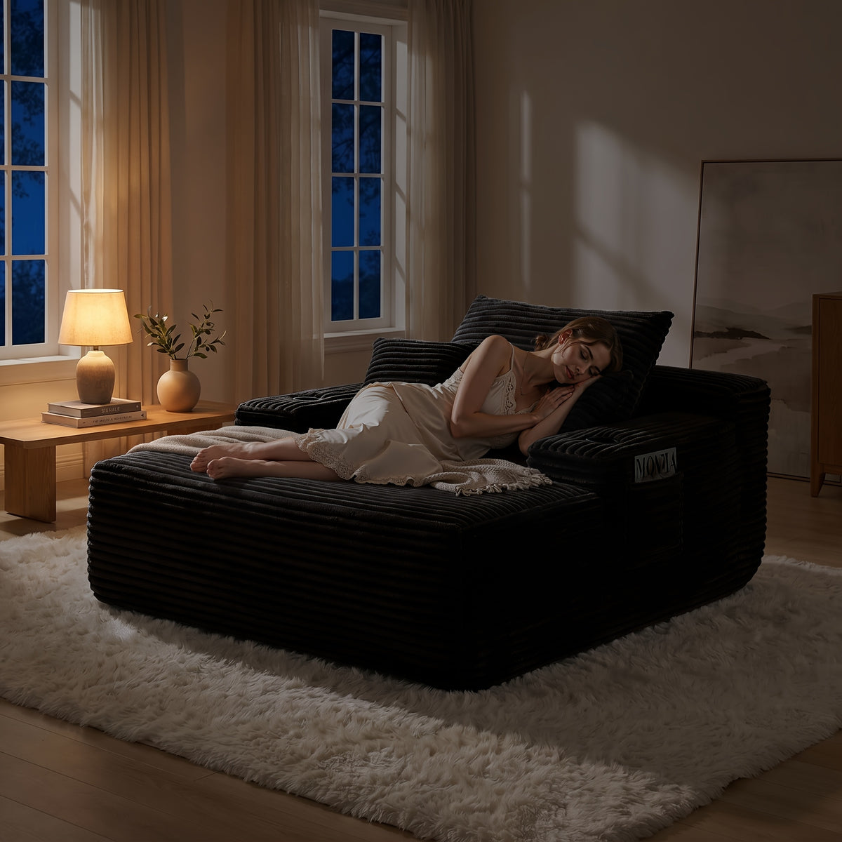 Extra-Large Boneless Sofa Chaise Lounge, with Cup Holder And Side Pockets, Living Room Sofa Chair Bed, Compressible High-Rebound Foldable Recliner, Supportive Pocket Spring System And High-Density Foam Padding, Non-Sinking Convertible Lounge Bed