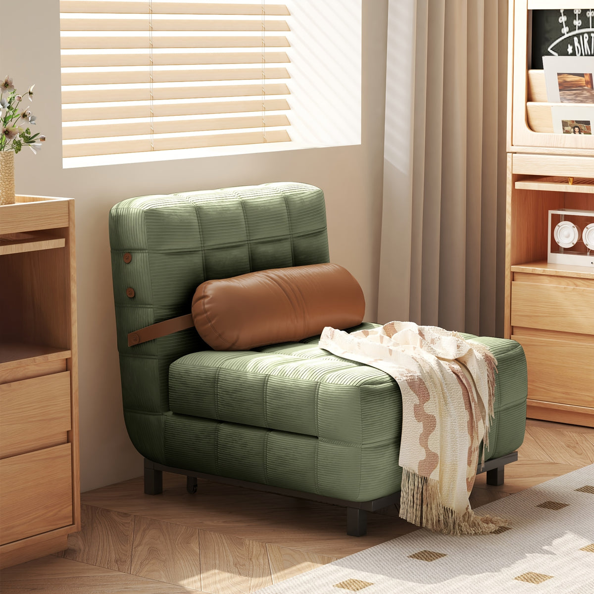 Convertible Single Sofa Bed | Foldable Chair Bed Sleeper with Adjustable Backrest & Pillow - Plush Corduroy Upholstery, Durable Metal Frame, Tufted Design for Living Room (Cream Beige/Brown)