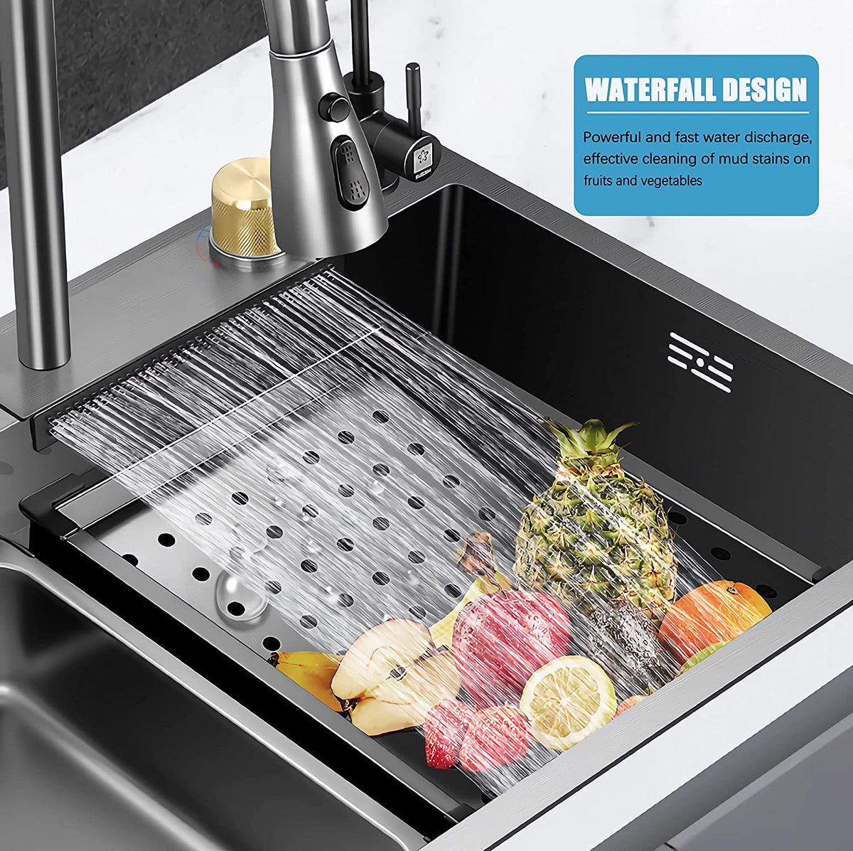 33x22 INCH Nano Black Flying Rain Drop In Stainless Steel Watefall Kitchen Sink Single Bowl with Pull Down Faucet Set Accessories Included