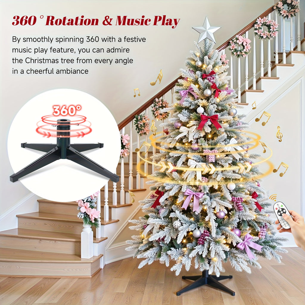 9ft Prelit Snow Flocked Artificial Christmas Tree with Multifunctional Remote, 8 Lighting Modes and 10 Brightness Musical Xmas Tree with Auto-Off Timer, 360 Degree Rotating Base Christmas Tree for Holiday Decorations
