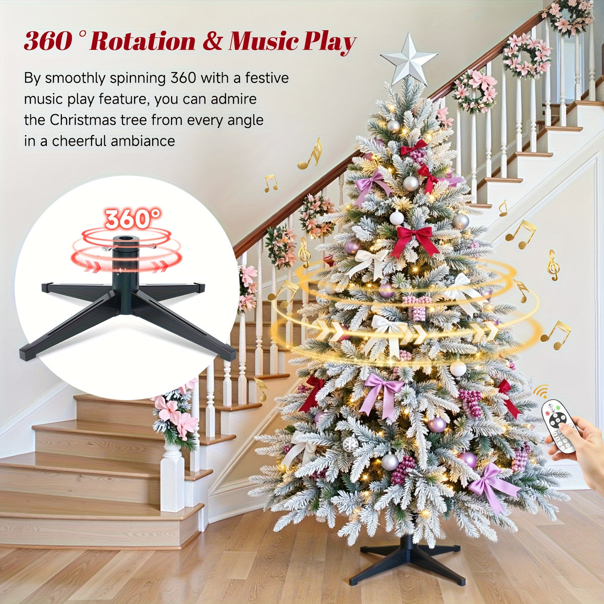9ft Prelit Snow Flocked Artificial Christmas Tree with Multifunctional Remote, 8 Lighting Modes and 10 Brightness Musical Xmas Tree with Auto-Off Timer, 360 Degree Rotating Base Christmas Tree for Holiday Decorations