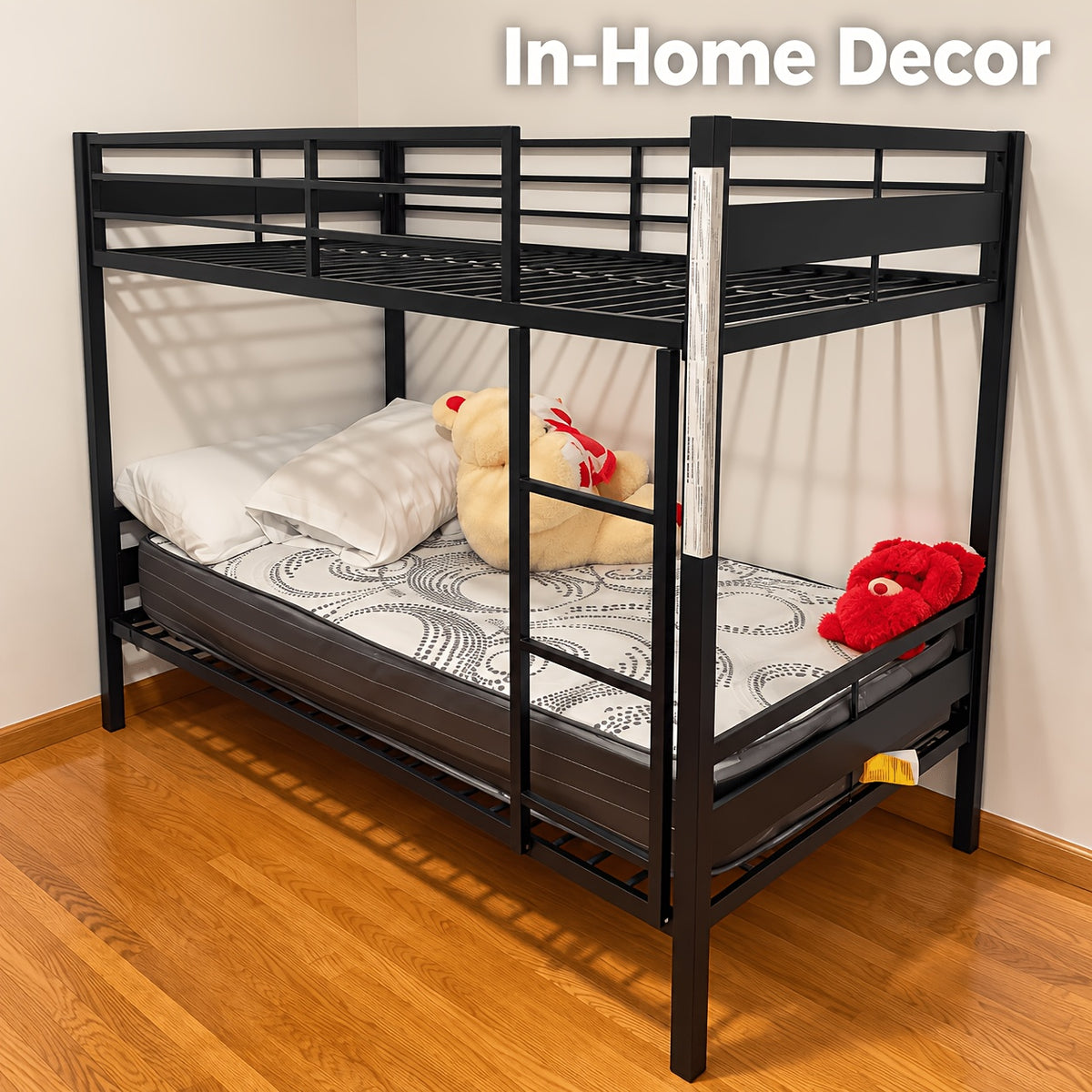 77.5"L Heavy Duty Metal Bed Frame, Twin Over Twin Or Full Over Twin Bunk Bed with Full Length Guardrails And Ladder, Black/Rustic Brown/White Options, Easy Assembly, Suitable for Shared Bedrooms, Bed Frame Without Mattress