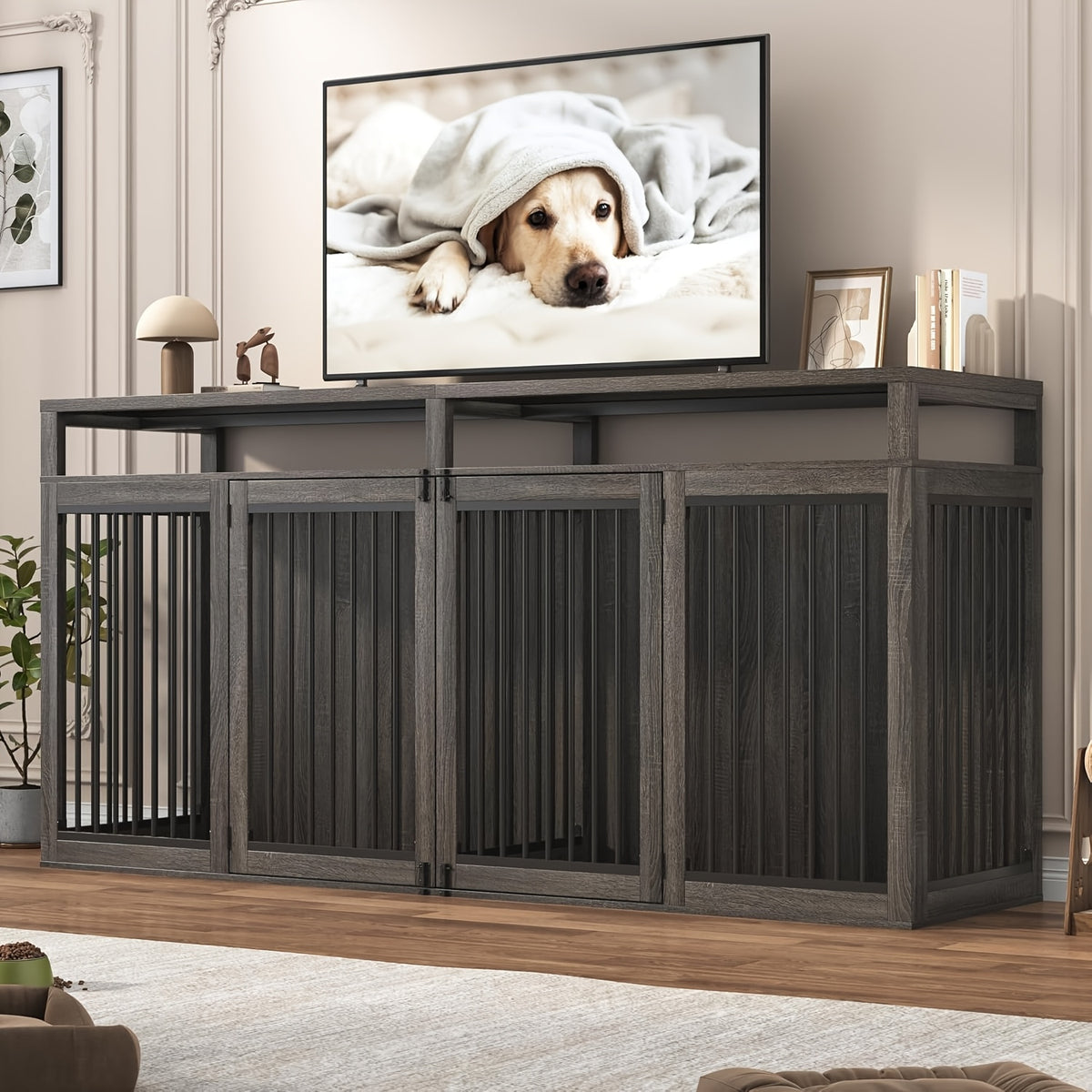 87In Farmhouse Style Dog Crate TV Stand | Wooden Dog Kennel Furniture with 2 Doors, Large Capacity for 2 Dogs, Solid Metal Tube & 4 Lockable Doors