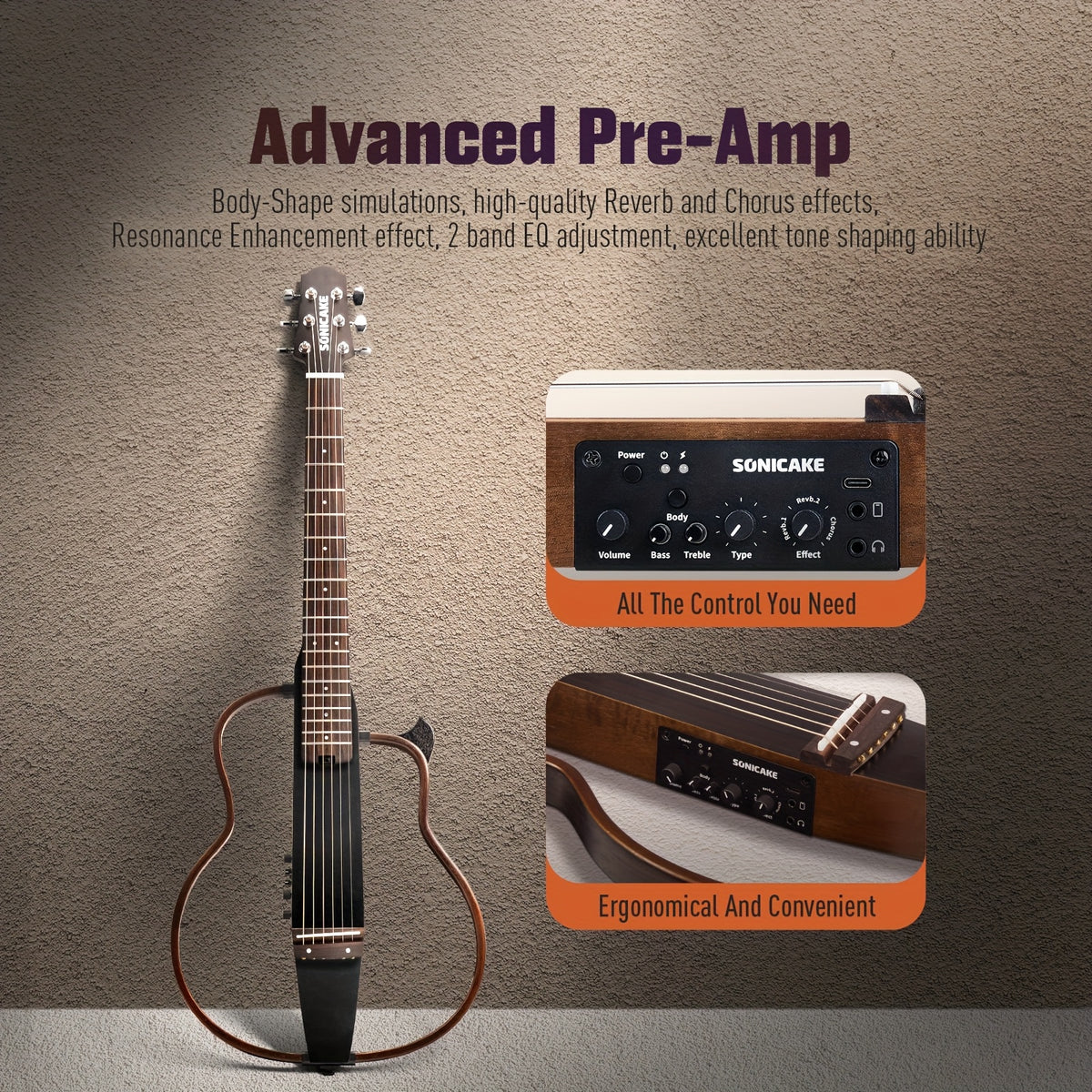 VOHALO Sonicake Travel Guitar, Portable Solid Mahogany Body Acoustic-Electric Guitar, Easy Assemble Frames, Multi Body-Shape SIM Rechargeable Pre-amp, Gig Bag, Professional Recording & Live Performance Guitar with Rosewood Fingerboard, All Accessories, El