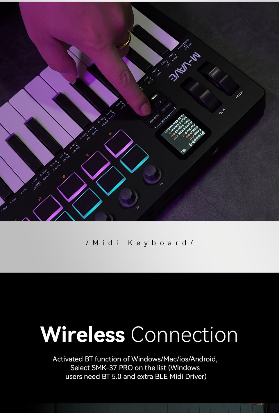 M-VAVE SMK37PRO Professional MIDI Keyboard with 37 Keys, Wireless for Music Composition And Synthesis