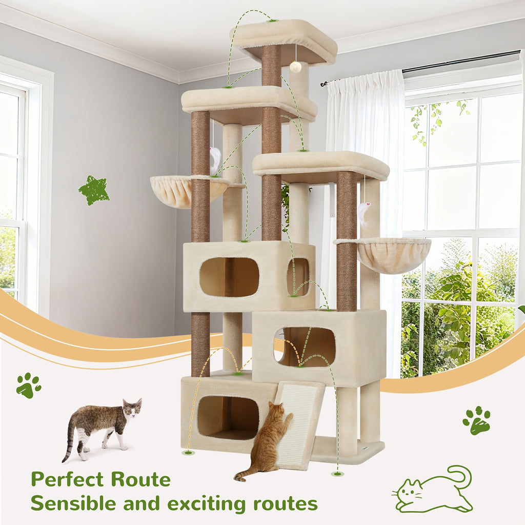 A Robust 85-Inch Cat Tree Designed for Larger Felines, Featuring a Spacious Condo, Sisal Scratching Post, Ramp, And Perch, Suitable for Cats Over 20 Lbs. Ideal for Homes with Multiple Cats, Including Maine Coons