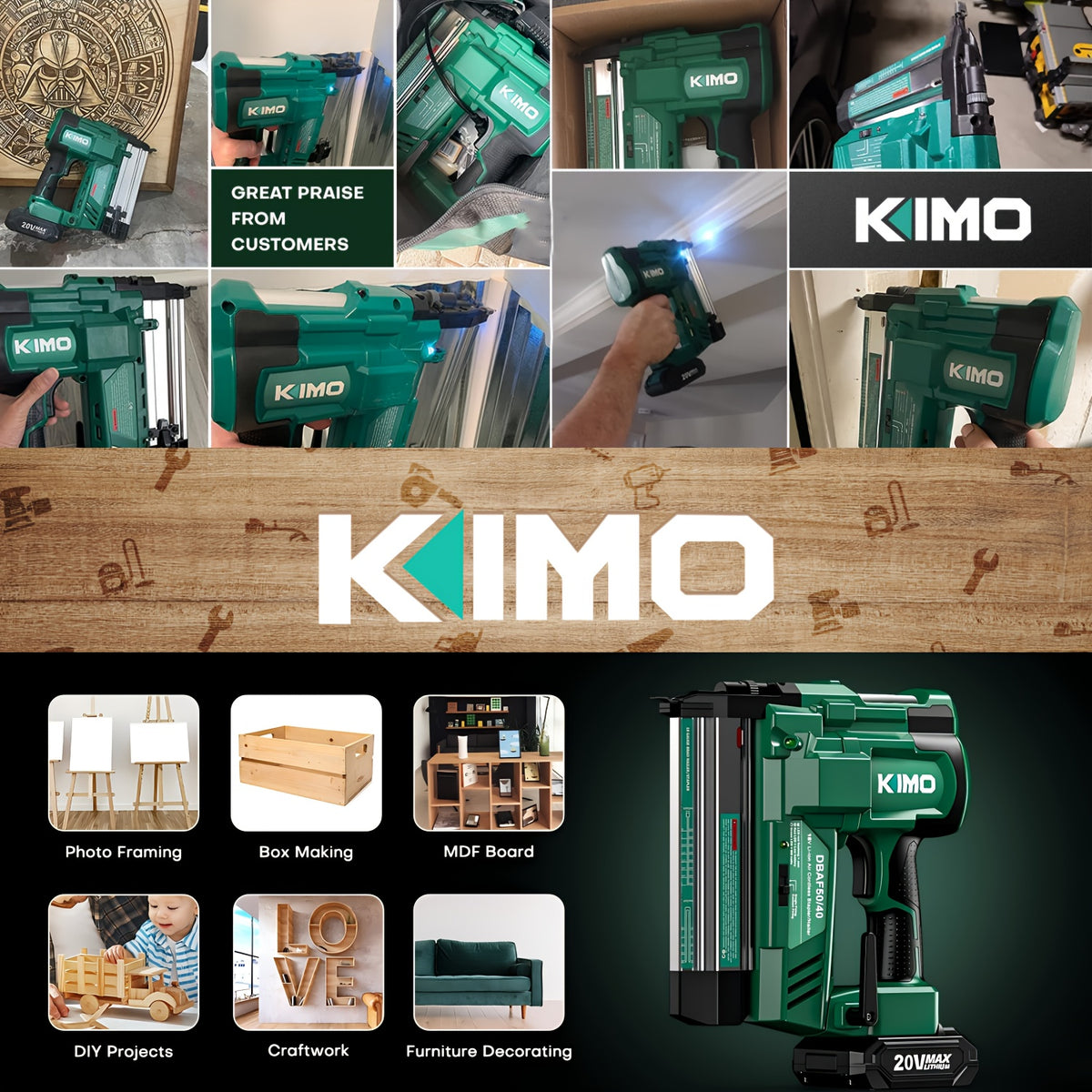Cordless Brad Nailer and Stapler for Home Improvement and Woodworking, KIMO Battery-Powered Tool