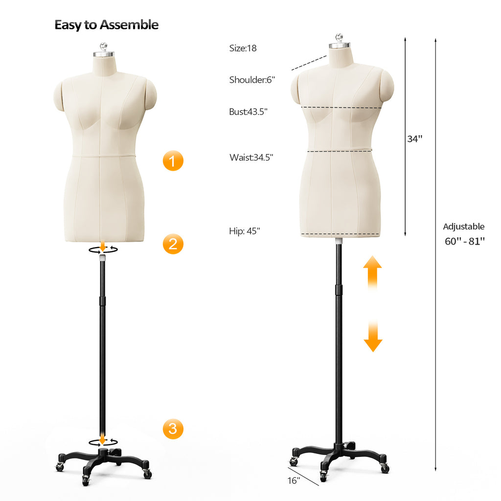 Bonnlo Female Sewing Mannequin, Size 6 Professional Dress Form for Display and Tailor Design, Height Adjustable Torso with Stable Metal Base