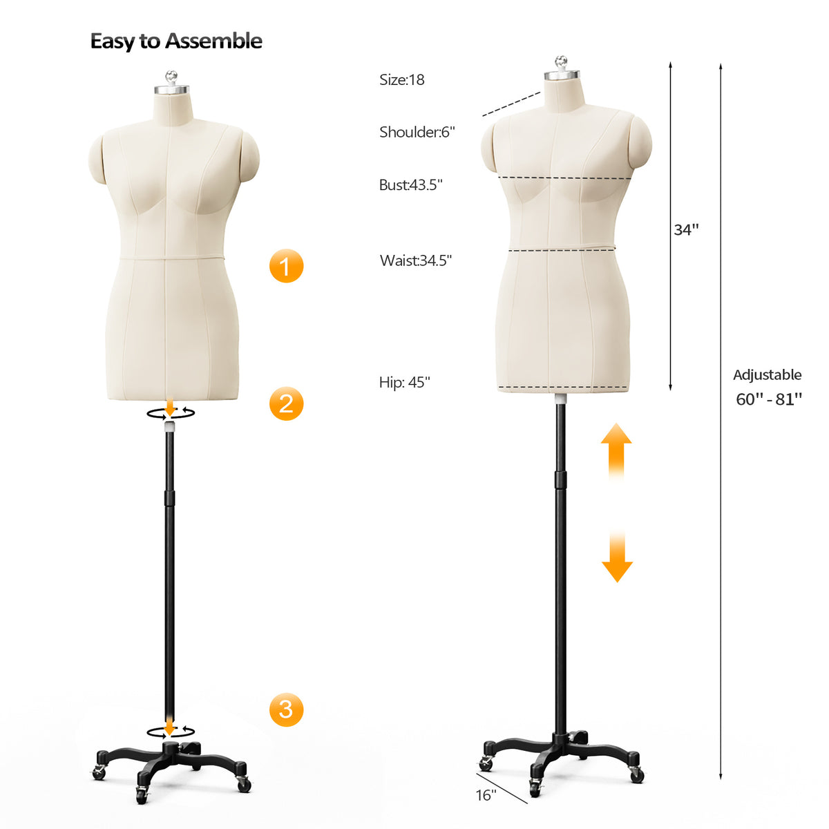 Bonnlo Female Sewing Mannequin, Size 6 Professional Dress Form for Display and Tailor Design, Height Adjustable Torso with Stable Metal Base
