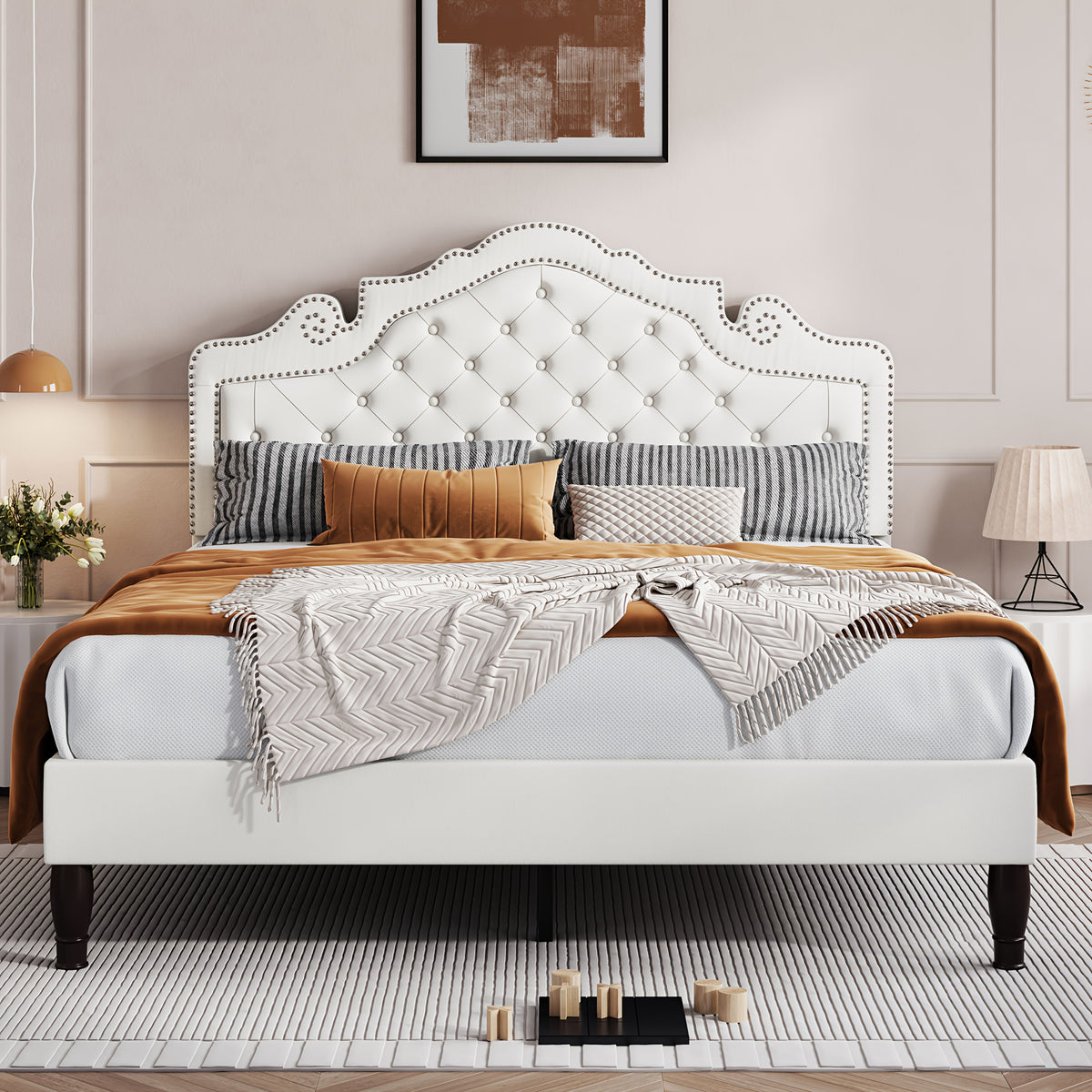 HOOMIC Full/Queen/King Size Bed Frame with Adjustable Velvet Tiara Headboard, Upholstered Diamond Button Tufted Platform Bed, Wooden Slats Support, No Box Spring Needed, Easy Assembly, Black