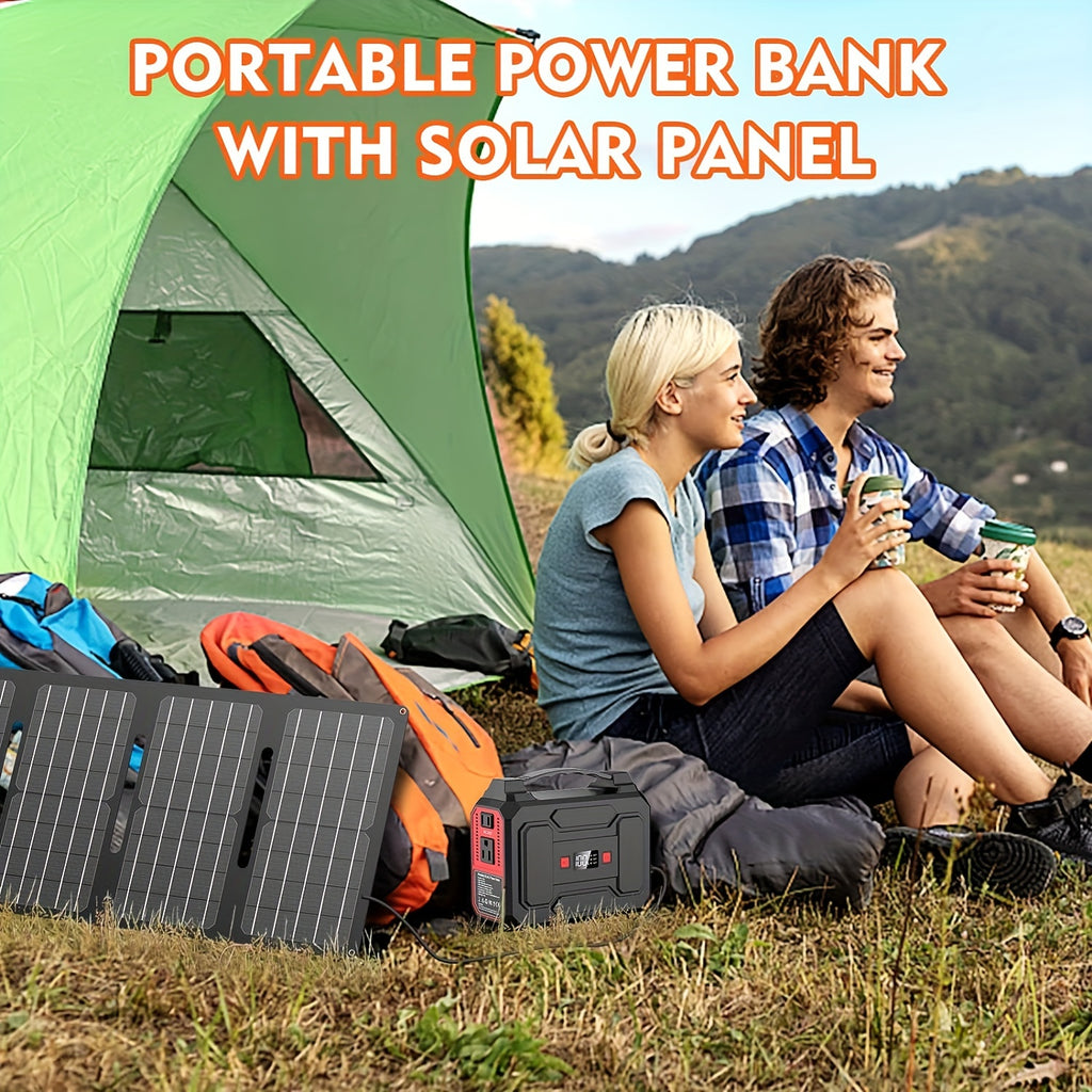 [Outdoor Camping Easter Gif] 100W 146Wh Portable Power Station Solar Generator with Foldable Solar Panel Charger, Laptop Phone Backup Battery Power Bank with AC, DC USB USB-C Output And LED Light for Outdoor Camping Traveling Adventure RV Trip Home Emerge