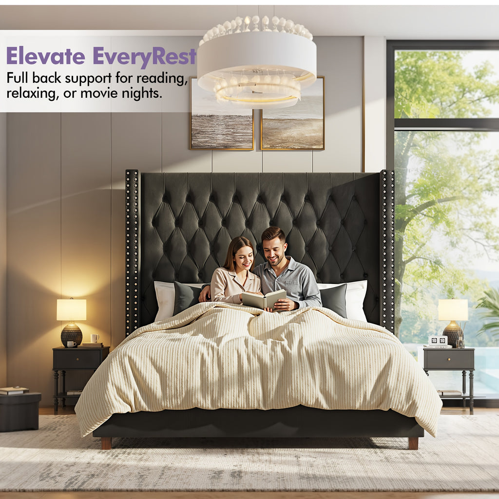 LUXOAK 60 Inch Tall Velvet Bed Frame With Tufted Wingback Headboard, Solid Wood Legs And Slat Support, No Box Spring Needed