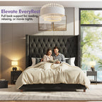 LUXOAK 60 Inch Tall Velvet Bed Frame With Tufted Wingback Headboard, Solid Wood Legs And Slat Support, No Box Spring Needed