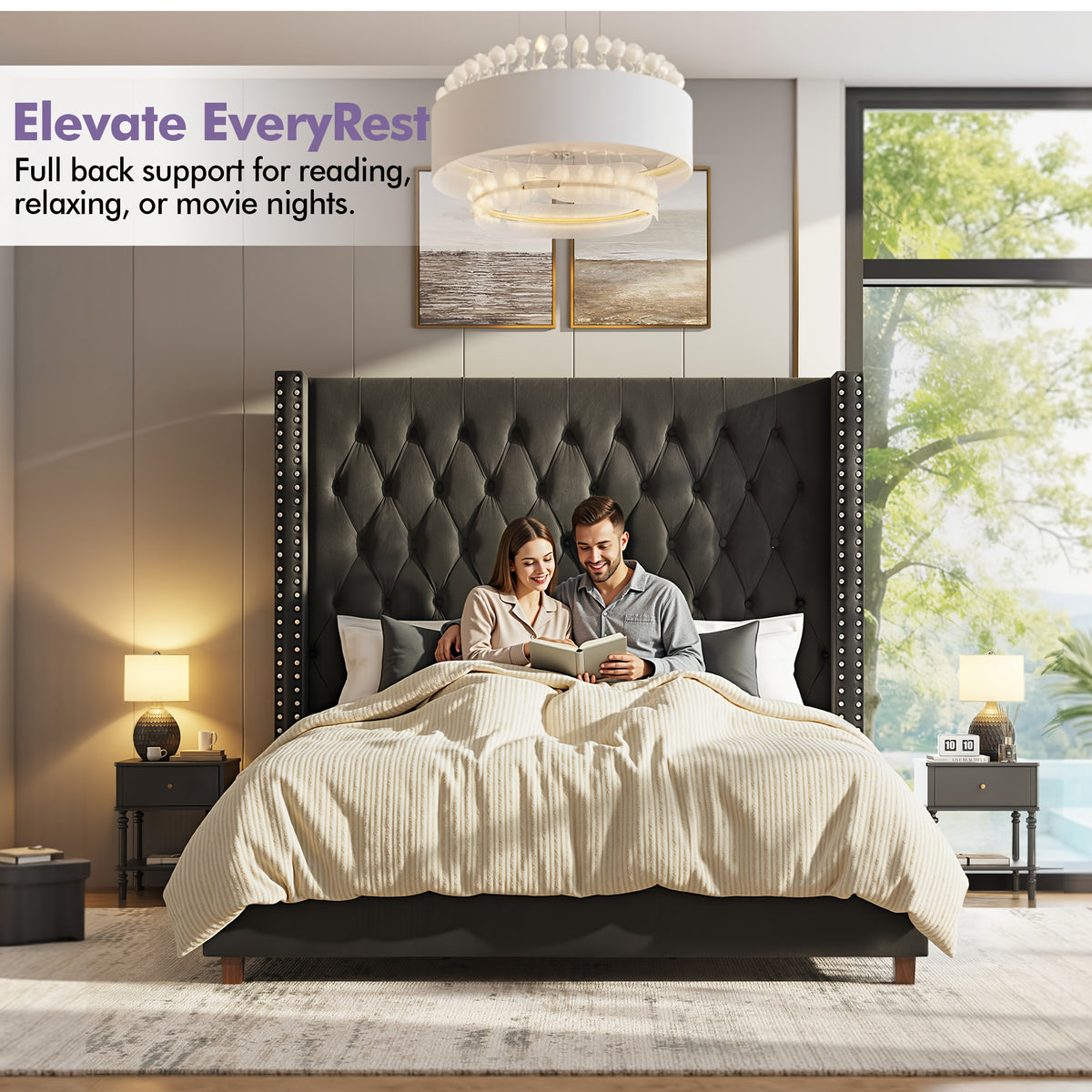 LUXOAK 60 Inch Tall Velvet Bed Frame With Tufted Wingback Headboard, Solid Wood Legs And Slat Support, No Box Spring Needed