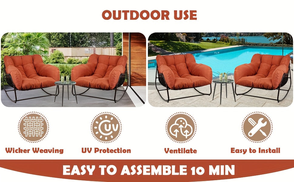 Papasan Rocking Chair Outdoor, All Weather Wicker Papasan Patio Chair with Cushion And Pillow, Heavy Duty Metal Oversized Papasan Rocker Egg Chair for Garden, Patio