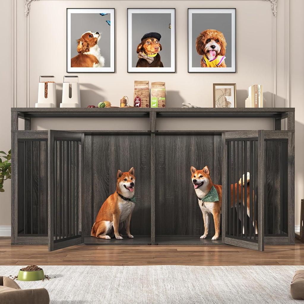 87In Farmhouse Style Dog Crate TV Stand | Wooden Dog Kennel Furniture with 2 Doors, Large Capacity for 2 Dogs, Solid Metal Tube & 4 Lockable Doors