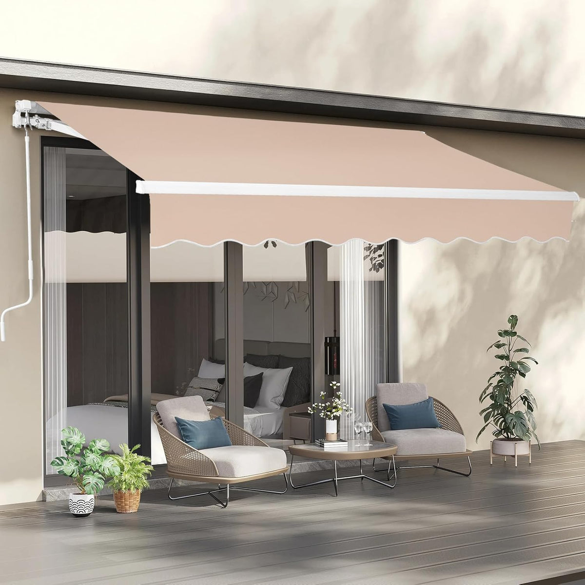Bonnlo 12x10 FT Grey Polyester Patio Awning Canopy UV Water Resistant Outdoor Retractable Sunshade Shelter with Manual Crank Handle