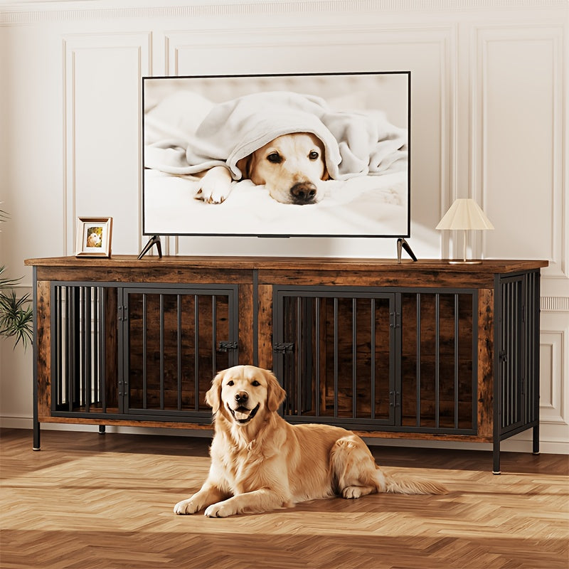 63inch Furniture for Dog Crates, A Double Cage Featuring A Storage Top, Multi-Functional TV Stand Side Table for 2 Large Dogs, Indoor Pet Cage