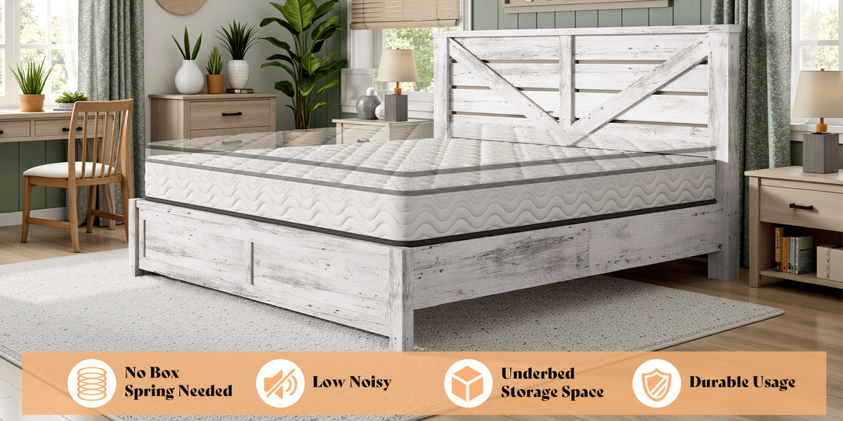 Farmhouse Bed Frame with 49.2" Barn Door Headboard, Platform Bed Frame with Wood Slat, Under Bed Storage Space, Easy Assembly, Noise-Free