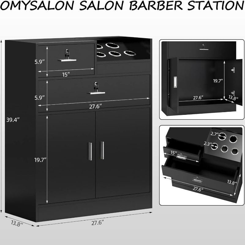 [Salon Storage Station Locker] 5 Hair Dryer Holders OmySalon Salon Storage Station Locker - Locking Drawer Beauty Barber Salon Styling Station Organizer Equipment for Hair Stylist, Two Drawers, One Storage Unit