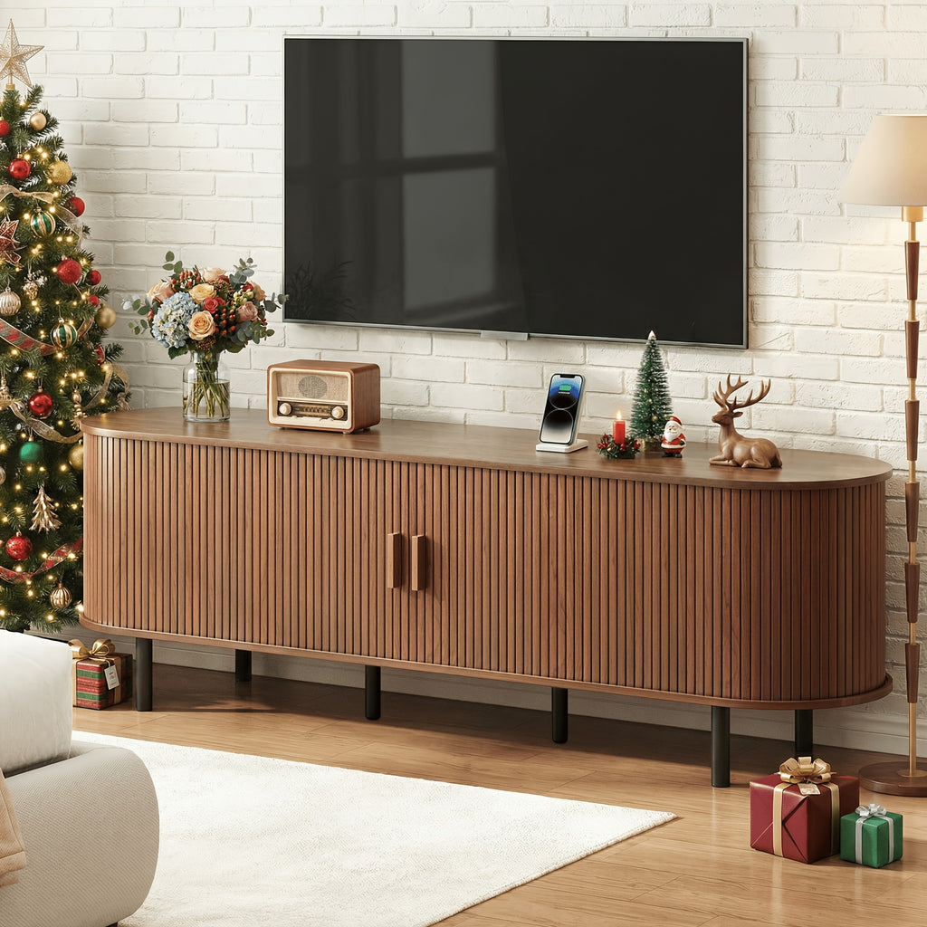 PAZCASA 70.8 Inch/55 Inch TV Stand with Power Outlet for Tvs Up to 75 Inches, Entertainment Center with Storage And Adjustable Shelves, Modern Media Console with Sliding Doors for Living Room, Walnut/Black/Oak