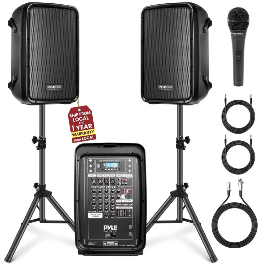 Stage & Studio DJ Speaker & Mixer Bundle Kit - (2) 8’’ PA Loud-Speakers, 8-Ch. Audio Mixer, Speaker Stands, Wired Microphone (300 Watt)