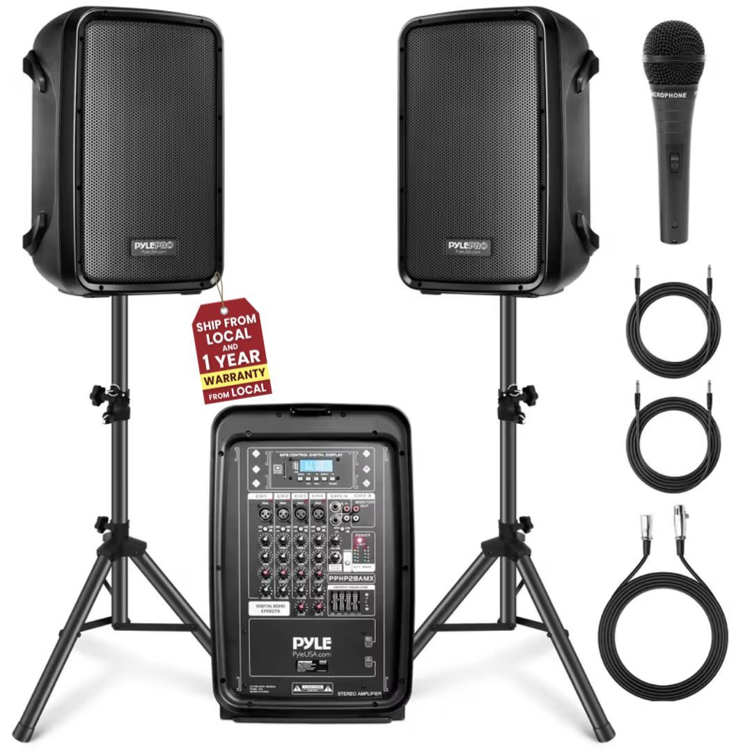 Stage & Studio DJ Speaker & Mixer Bundle Kit - (2) 8’’ PA Loud-Speakers, 8-Ch. Audio Mixer, Speaker Stands, Wired Microphone (300 Watt)