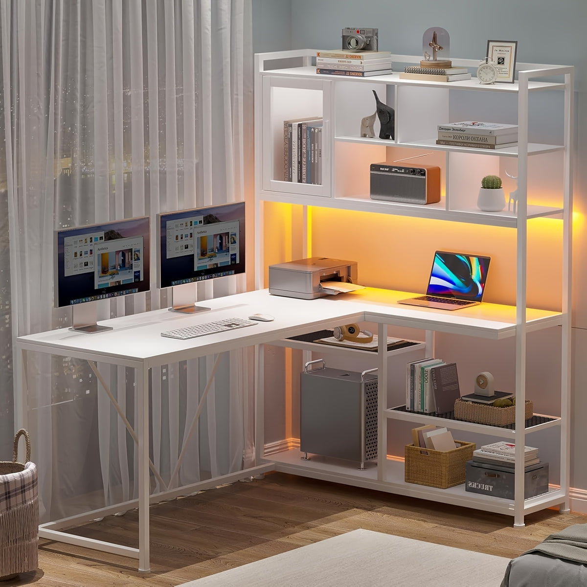 L-Shaped Computer Desk, Reversible 58-Inch Corner Workstation with 7-Tier Shelves and RGB LED Lighting