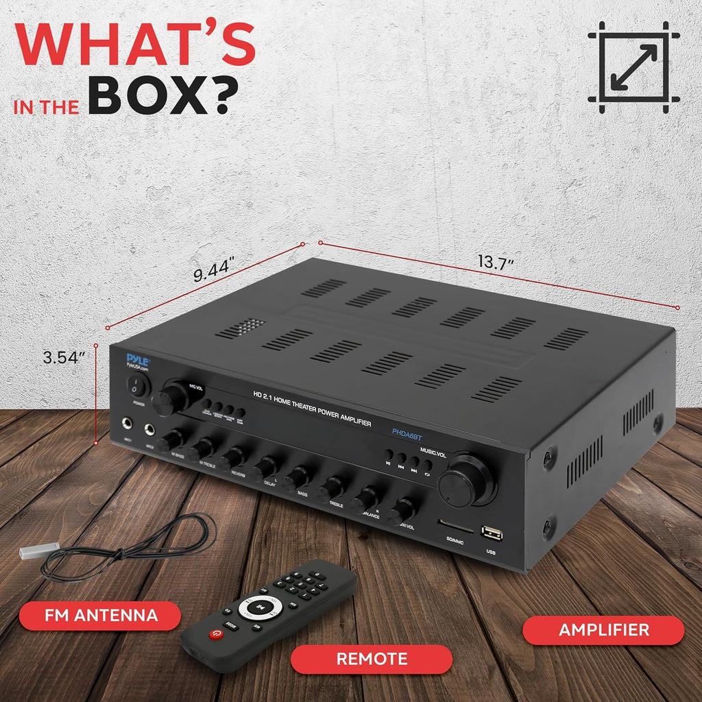 Home Entertainment Audio Amplifier with Bluetooth Wireless Streaming – Karaoke-Ready Stereo Receiver featuring Dual Microphone Inputs, USB-A and SD Card Media Support, FM Radio Function, and Multiple Audio Input and Output Options for Home Theater, Music