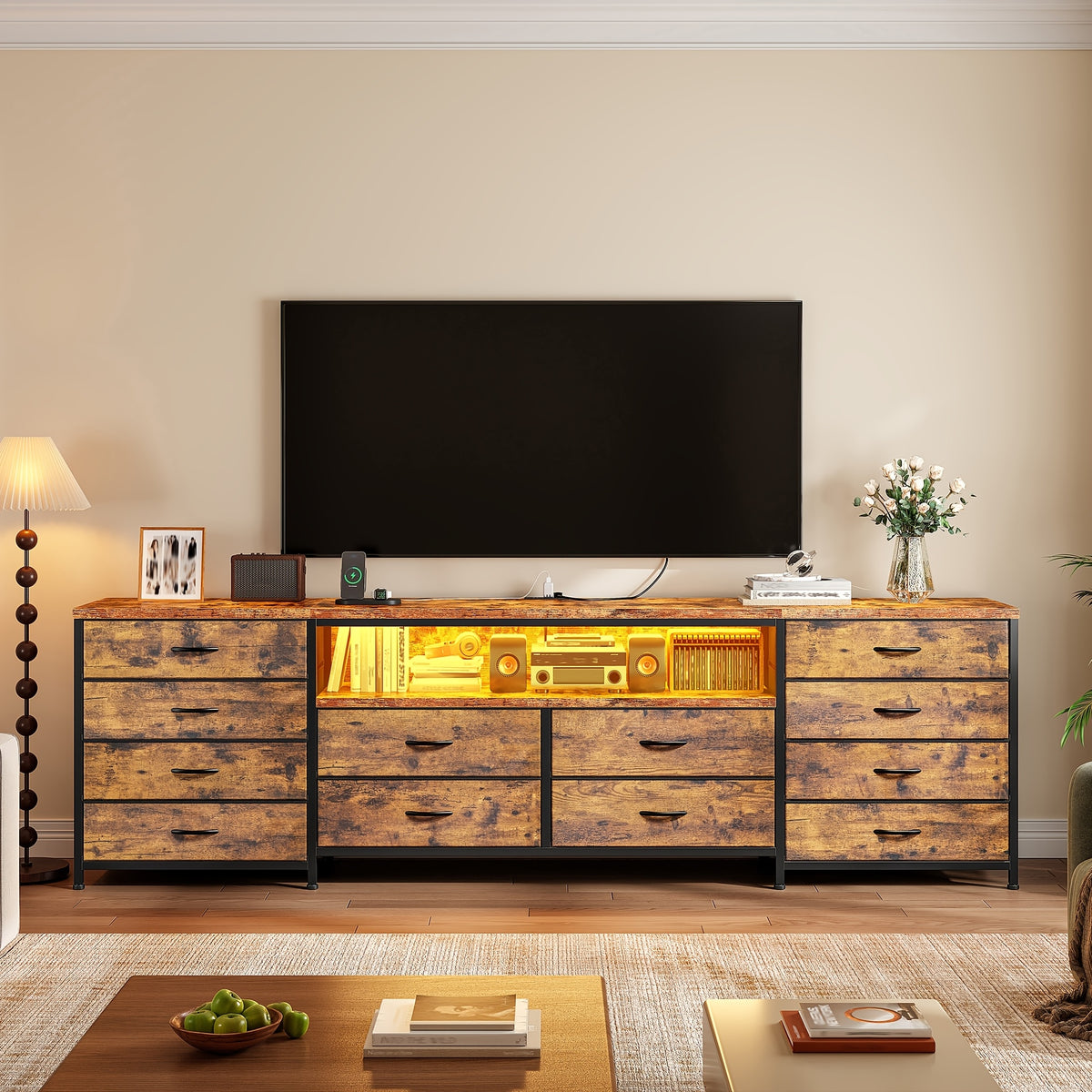 [12pcs] 63" Smart TV Stand With LED Lights & Power Outlets, For TVs Up To 75", 12-Drawer Fabric Dresser, Entertainment Center For Living Room, Bedroom, Hallway, Brown