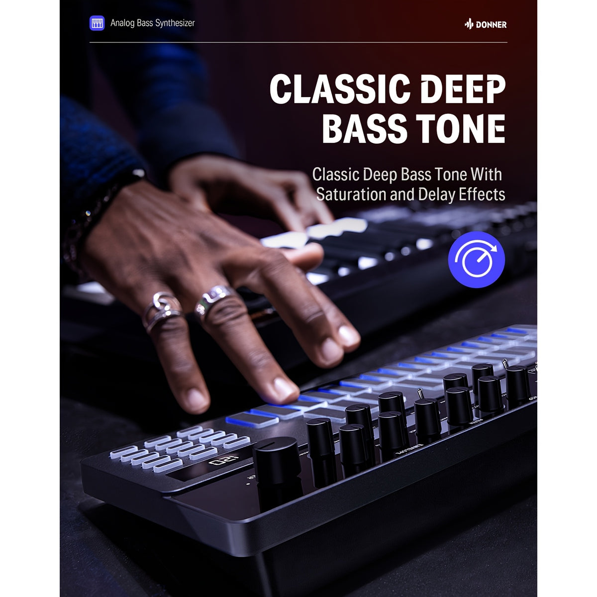 Donner Sequencer Bass Analog Synthesizer Sequencer Keyboard Saturation Delay Effects Classic 128 Pattern Memory Acid Sound Midi Pad Tabletop Easy To Use For Beginner DJ Stage Music Gift Sequencer 81