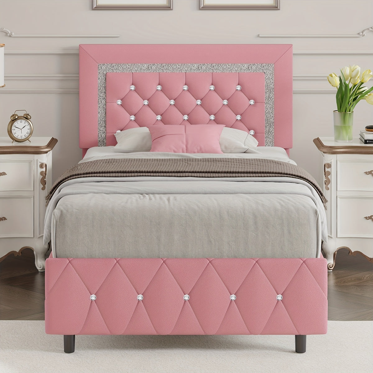 4ever2buy Twin Full Queen King Platform Bed Frame with Upholstered Diamond Headboard, Mattress Foundation with Strong Wooden Slats Support, No Box Spring Needed, Easy Assembly, Valentine's Day Gifts, Pearlized White, Black, Pink, Green, Grey, Beige