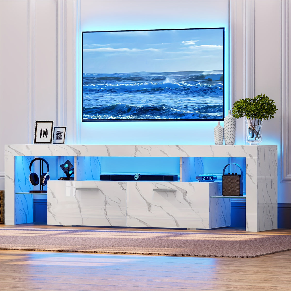66 Inch White Black Marble TV Stand For 75 Inch TV, LED Gaming Entertainment Center, Glossy TV Console Table With Storage Drawers And Glass Shelves Xbox PS5 Game Console Cabinet For Living Room