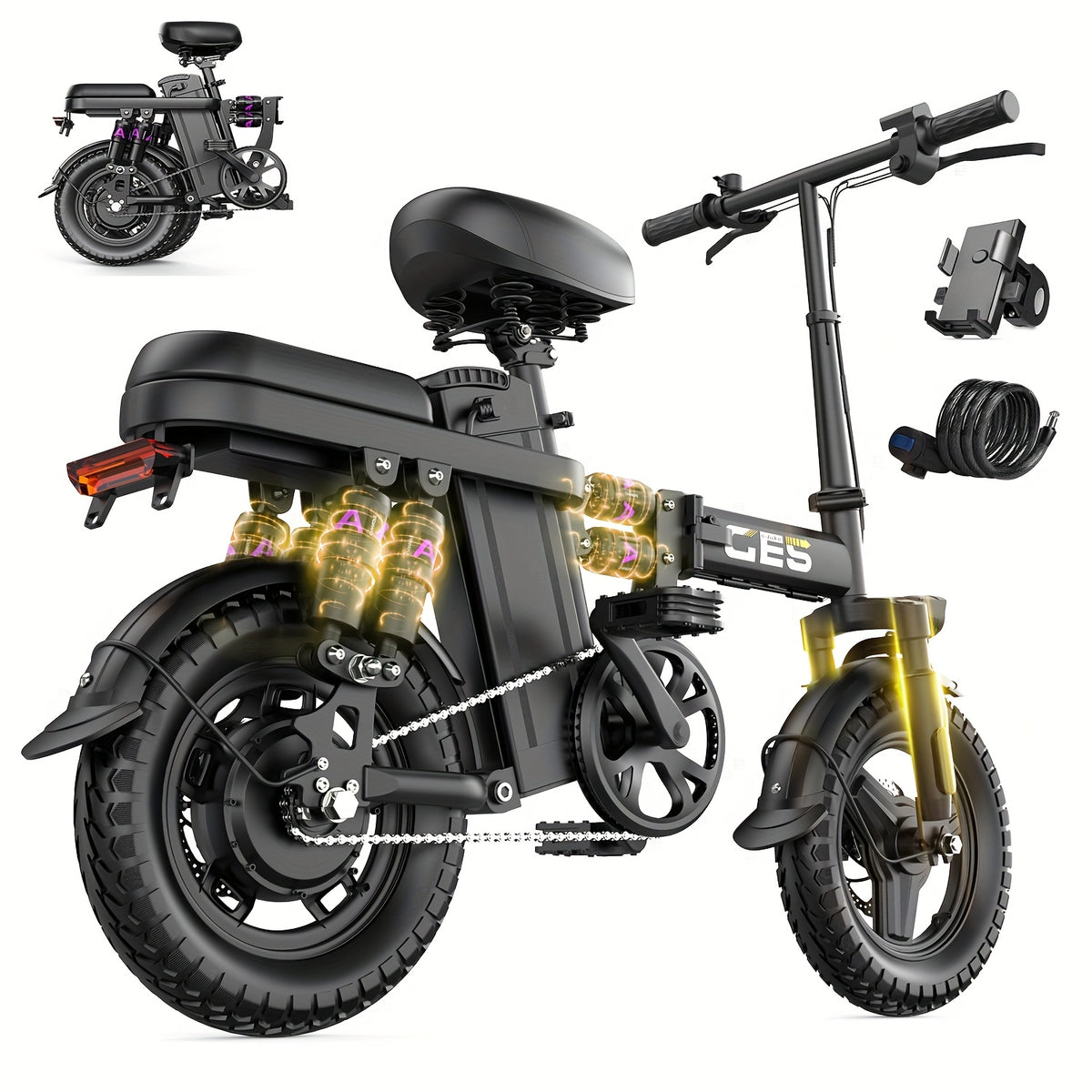500W Electric Bike for Adults, 48V 10AH/15AH Removable Battery, Speed 15-20 Mph, Long Range 10-35 Miles, 14-Inch Foldable, LCD Display, Dual Disc Brakes, Super Suspension, Teen Gift, Adult E-Bike - Motorcycle