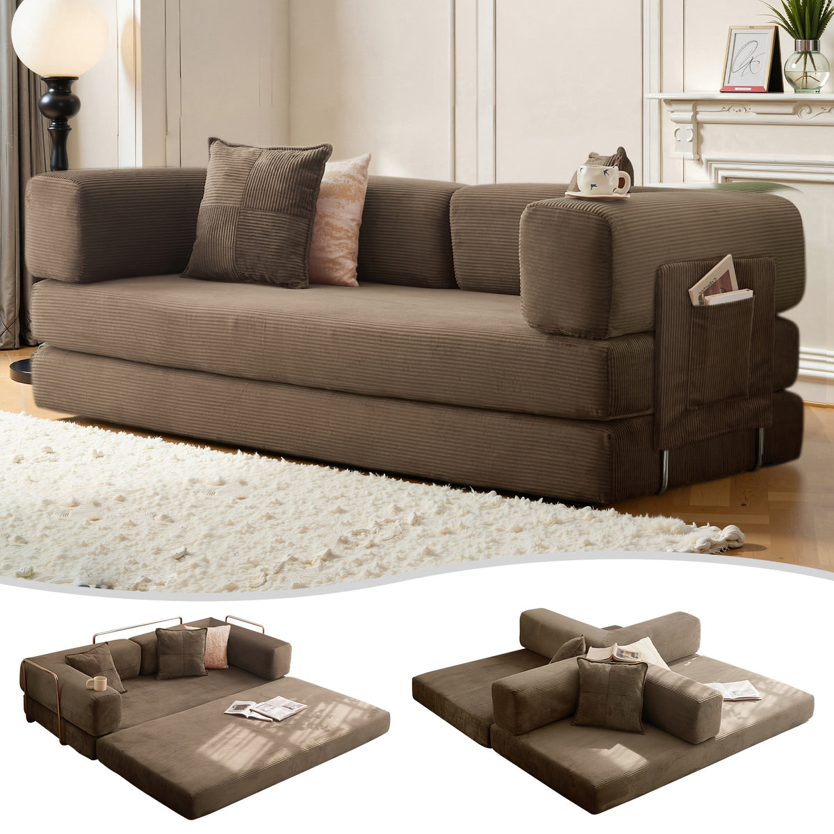 Convertible Floor Sofa Bed, Memory Foam Seating and Folding Armrests for Apartments and Guest Rooms