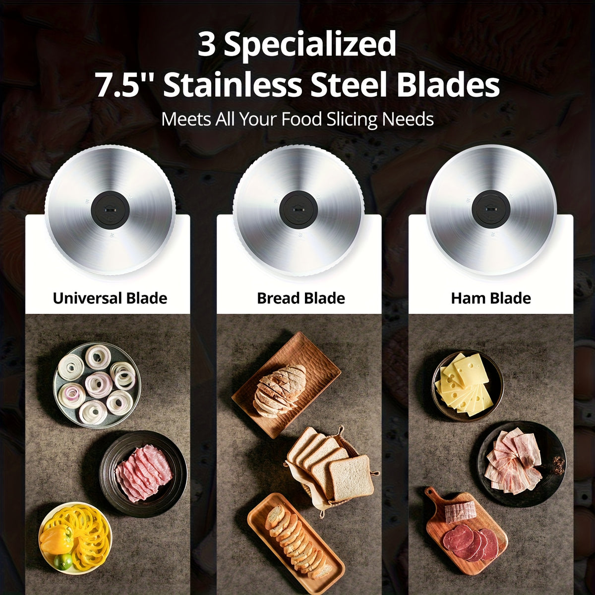200W Electric Deli Meat Slicer Machine | 3 Types of 7.5'' Blades, Adjustable Thickness 0-15mm, for Meat, Cheese, Bread, Vegetables, Home Use, Steel Material, Brand: COGACE