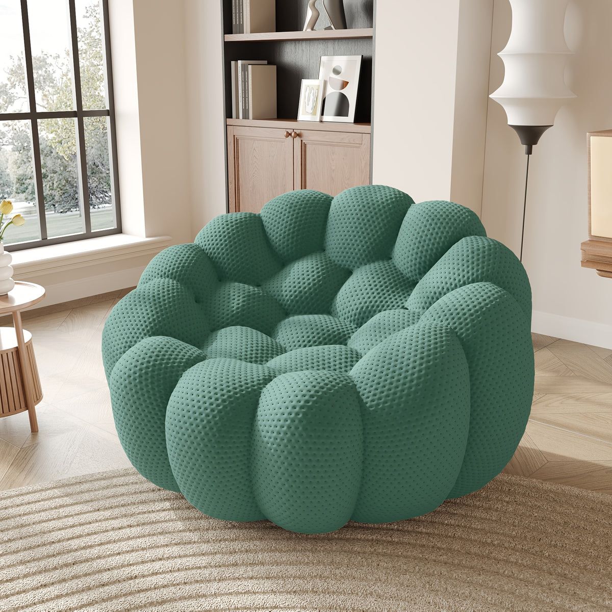 100.03'' Modern Upholstered Curved Sofa, 3 Seater Mesh Fabric Floor Sofa, 3D Honeycomb Shape Curved Couch for Living Room