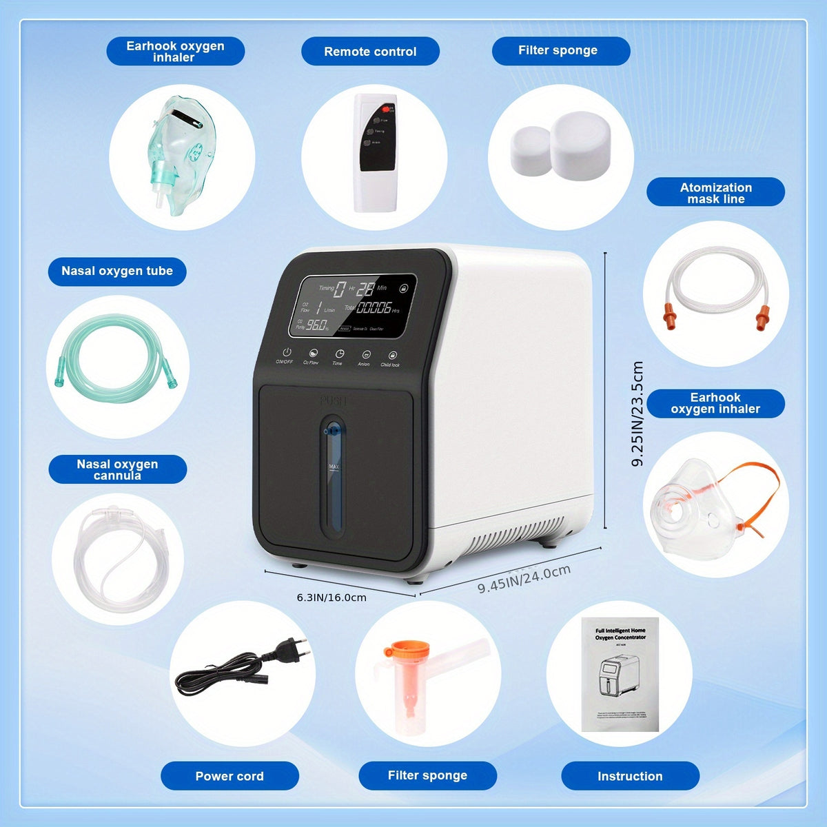 Portable Oxygen Generator, 0.26-2.38gal Adjustable Low Noise Oxygen Concentrator Machine