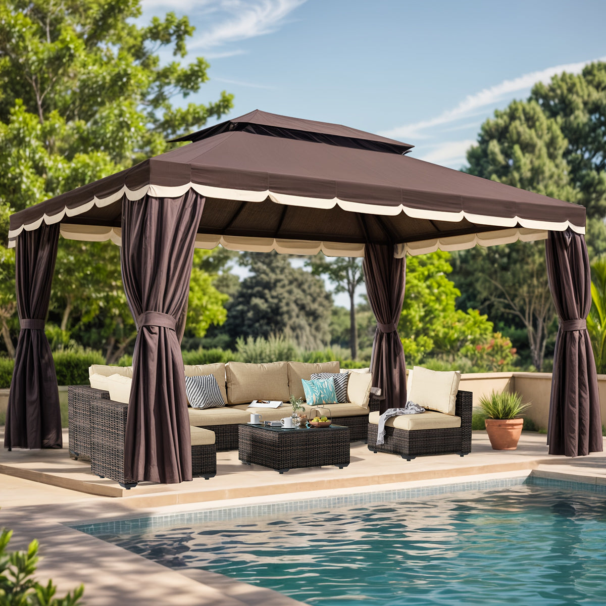 10'x13' Heavy-Duty Outdoor Patio Gazebo with Double Roof, Party Tent Suitable for Backyard, Deck, Garden - Assembly, Mosquito Netting & Curtains, Spacious Shelter for Parties, BBQs, Outdoor Events
