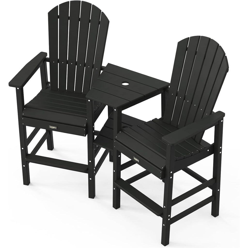Tall Adirondack Chairs Set of 2 HDPE Balcony Chair with Double Connecting Tray Weather Resistant Outdoor Bar Stools for Patio Deck Lawn Pool Backyard Black